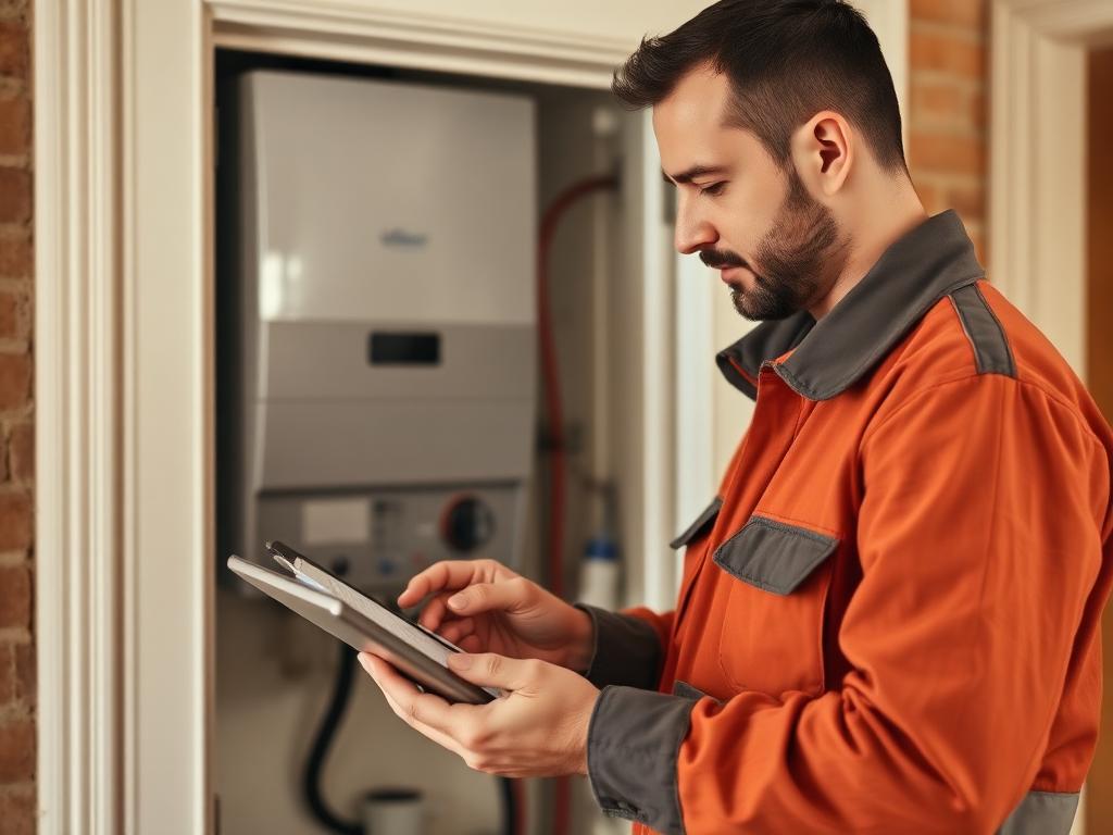 Maintenance engineer reading a callout report on a tablet by a boiler