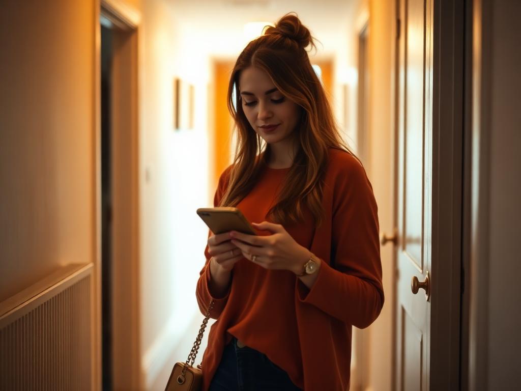 Tenant chatting with Kovely on their phone in a flat hallway